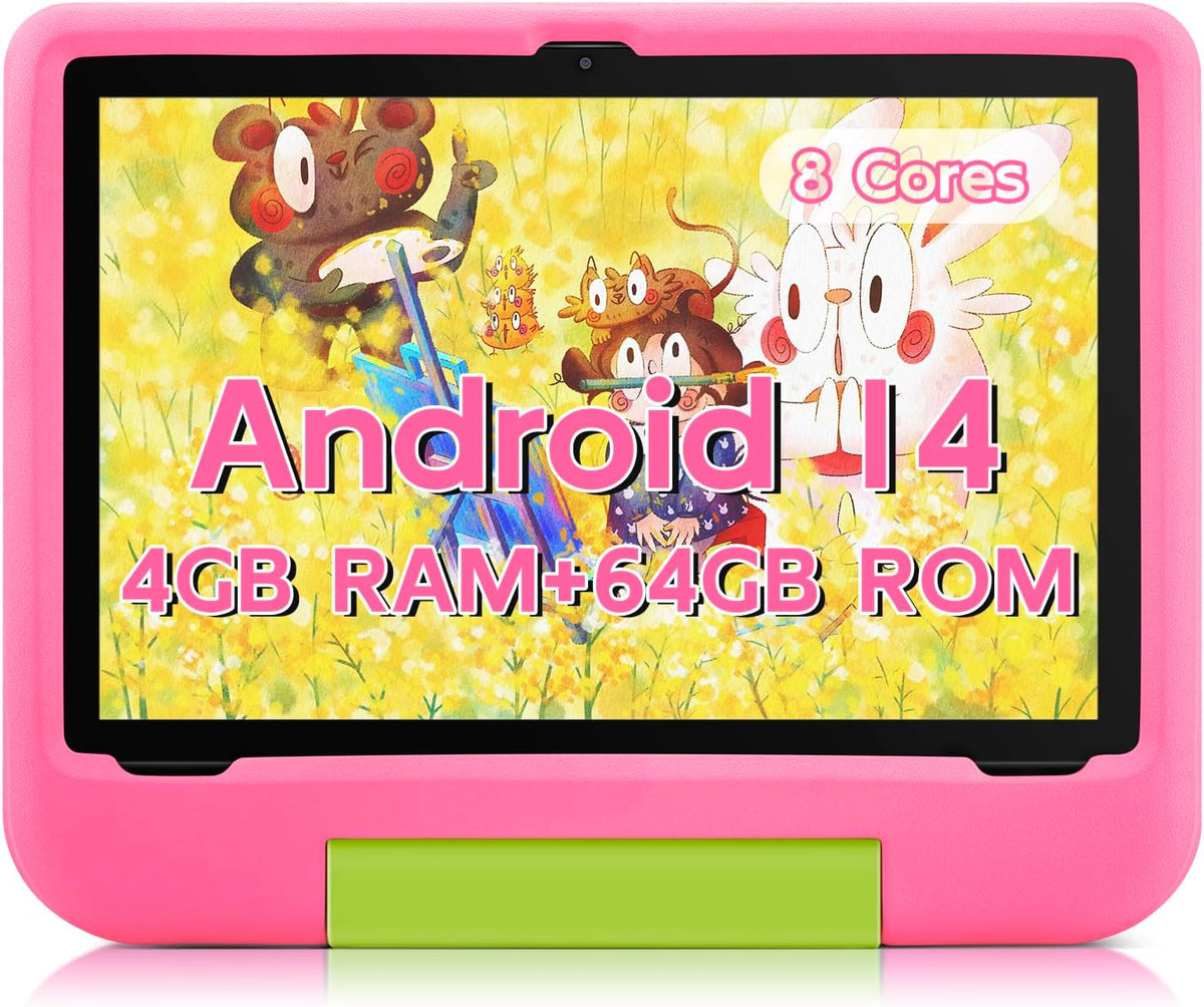 Kids Tablet 10 Inch - Android 14 Tablet for Kids, Octa-Core 8(4+4) GB+64GB, IPS HD Toddler Device, Wifi 6, Dual Camera, GMS, Parental Control Mode (Blue EVA Case)